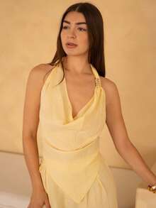 Andrea Bello 两件套：优雅简约混纺亚麻彩色休闲商务套装，适合春夏音乐节、复活节、圣帕特里克节、西部风、游牧风、生日派对、毕业典礼、学院风、学生装、日常穿着、休闲装、度假、邮轮旅行、海滩、日光浴、畅销款、街头风、婚礼宾客波西米亚风、通勤、早午餐、机场时尚等场合。套装包含一件不对称打结设计的棕色纹理短款上衣和一条阔腿亚麻裤。 - 黃色 - 查看 4