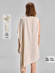 Ontre Đầm ngắn nữ dáng rộng, chất liệu pha lanh, kiểu dáng tối giản, thanh lịch, sang trọng, thiết kế bèo nhún, đa năng cho các dịp thường ngày, nghỉ lễ, tiệc tùng, công sở, trường học, kỳ nghỉ lãng mạn, ngày Quốc khánh, dự đám cưới, trang phục giáo viên. - Màu be - Xem 5