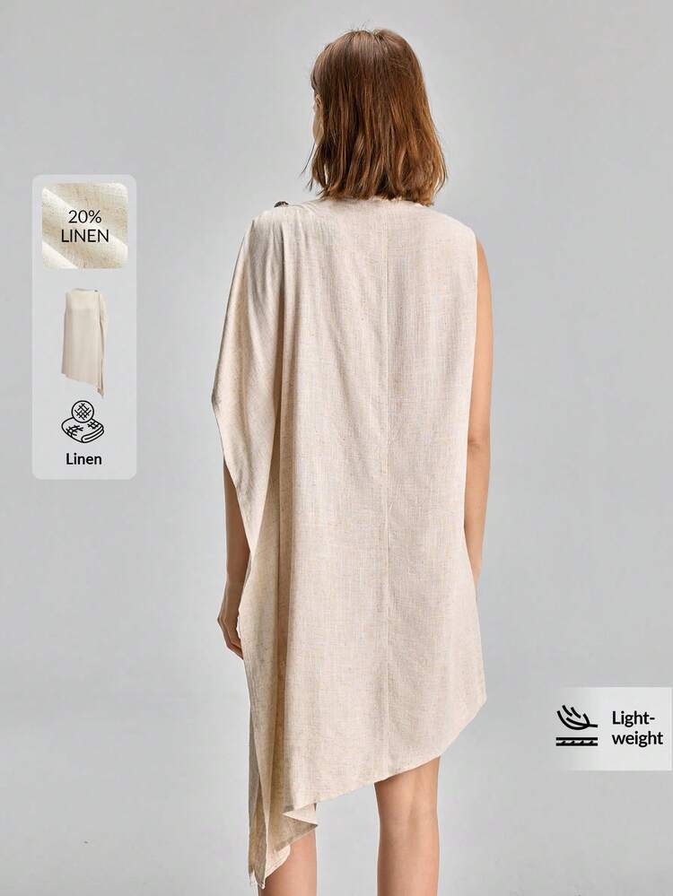 Women's Linen Blend Short Dress,Beige,Summer,Effortless Chic,Holiday,Vacation,Holiday,Loose Fit Minimalist Elegant Flounce Asymmetric Design Vacation