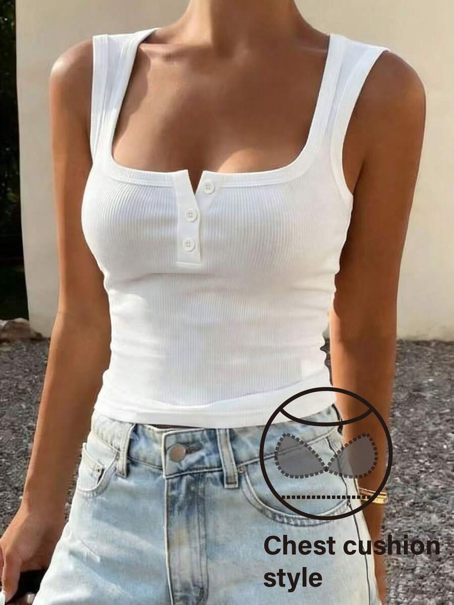 DAZY Fitted Solid Color Padded Cropped Tank Top, White, Summer Wear For Women - White - View 1