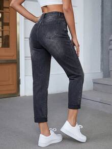 Slaydiva Plus Size Women High Waist Pocketed Tapered Casual Jeans - Black - View 3