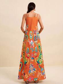 LOTSLUV Vestido de vacaciones con estampado de flores, pájaros y corazones, de cuello en V y tirantes finos, color rojo óxido, para mujer, primavera/verano - Naranja Coral - Ver 2