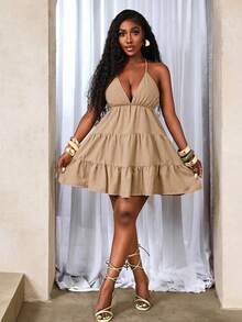 BamGleam Solid Color Tie-Up Backless Halter Layered Dress - Khaki - View 5