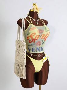 Zestiva Swim Mod-D 3件組夏季度假海灘比基尼套裝，網格印花與純色細肩帶背心、細肩帶三角杯胸罩、花卉飾品側綁比基尼褲，性感女款背心套裝 - 彩色 - 查看 5