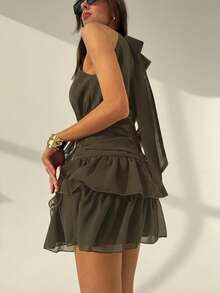 Aloruh Ruched Waist Ruffled Backless Halter Mini Dress, Suitable For Valentine's Day,Dresses For Women Summer - Army Green - View 2