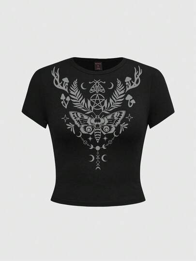 ROMWE Women's Gothic Style Witch, Skull, Moth, Sun, Moon, Star, Mushroom Print Black T-Shirt, Summer