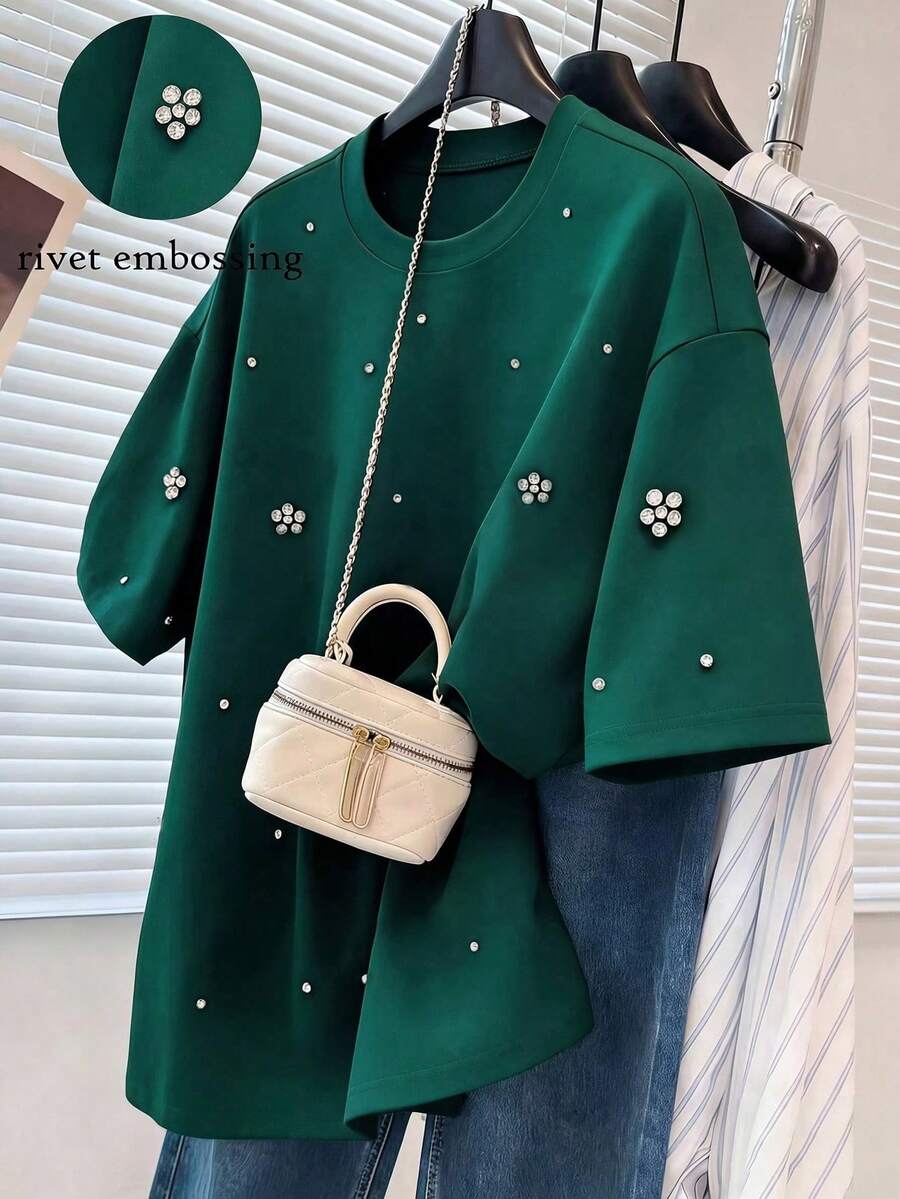 Franclia Nueva camiseta holgada casual con decoración de diamante de imitación para mujeres - Verde - Ver 1