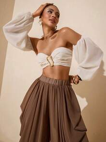 Vesra Women's Solid Color Off-Shoulder Metal Buckle Decorated Blouse - Apricot - View 4