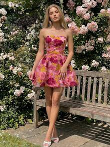 SHEIN PETITE 女款粉色紋理提花抹胸A字迷你洋裝 - 粉色 - 查看 8