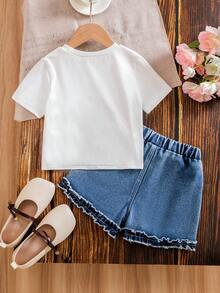 Bộ 2 món cho bé gái, gồm áo thun ngắn tay cổ tròn in hình công chúa và quần short denim cạp chun xếp ly, chất liệu cotton mềm mại, nhẹ, thời trang không thể thiếu cho bé gái, phù hợp mặc mùa xuân/hè, mặc hàng ngày, đi chơi, dự tiệc, sản phẩm mới mùa hè 2026. - trắng - Xem 2