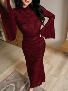 Modelyn Women's Elegant Sheer Mesh Ruffle Sleeve Fitted Fishtail Hem Dress, Suitable For Spring & Autumn - Burgundy - View 8