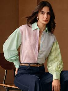 Anewsta Áo polo tay dài dáng phồng phối sọc nhiều màu sắc bất đối xứng phong cách Urban Chic Dopamine dành cho nữ. - Nhiều màu - Xem 6