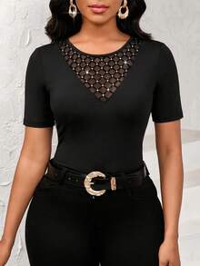 Lady Blusa casual de mujer de manga corta con panel de malla y cuello redondo con estampado de leopardo, camiseta de manga corta para uso diario - Negro - Ver 4