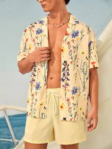 Manfinity VDAYZ 男士夏季印花短袖衬衫和短裤沙滩套装 - 米色 - 查看 2