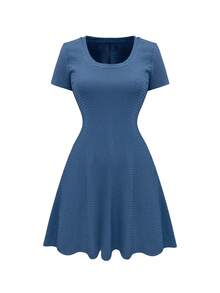 Elenzga Women's Versatile Minimalist Square Neck Solid Color Ruffle Hem Dress, Suitable For Vacation And Everyday Wear - Dusty Blue - View 6