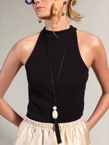 Rouah Premium Essential Black Slim Fit Sleeveless Halter Neck Tank Top, High Neckline Racerback Silhouette, Stretch Fabric For All-Day Comfort, Summer Basic - Black - View 3