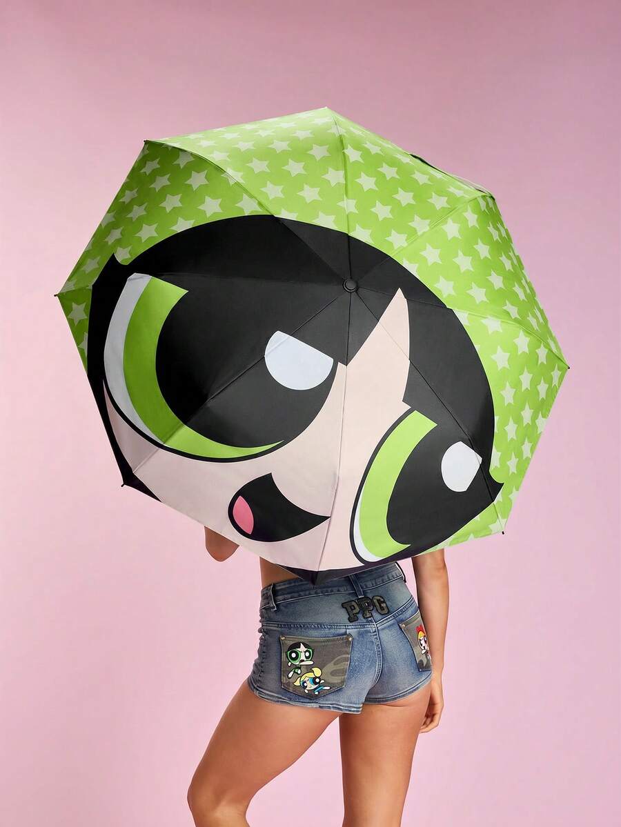 THE POWERPUFF GIRLS X SHEIN 1把印有logo的雨伞,UPF 50+防紫外线,适用于学校、工作、户外和日常使用,专为大学生、高中生、男士和女士设计,附赠烧毁之书 - 綠色 - 查看 1