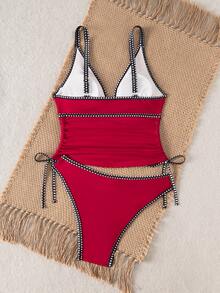 Swim Vcay Bonvoyette-D 2件組黑色布料深V肩帶抓皺休閒沙灘比基尼套裝，女款泳裝 - 紅色 - 查看 2