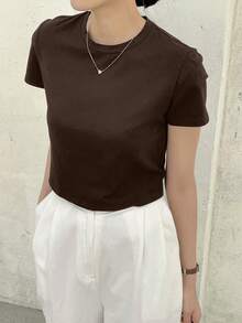 Dazy-Less Solid Crew Neck Crop Tee Old Money Style Summer Business Casual Woman Work Clothes - Chocolate Brown - View 4