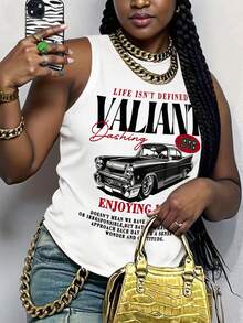 Maweii Camiseta de tirantes casual con cuello redondo y estampado de letras de palmera para mujer de talla grande - Blanco - Ver 3