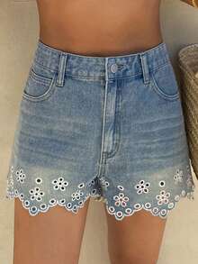 DAZY Quần short denim nữ kiểu dáng thường ngày, thêu họa tiết dày dặn, bạc màu, thích hợp cho mùa hè. - Màu xanh lam - Xem 3
