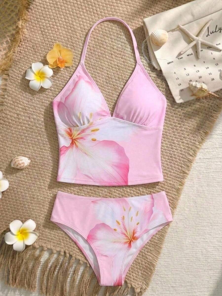 SHEIN Girlism Teen Girl Pink Floral Print Spaghetti Strap Bikini Set, 2 Pieces Swimwear For Beach Vacation, Spring/Summer - Pink - View 1