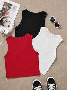 SHEIN 3件装/女童休闲可爱罗纹针织爱心图案休闲背心，非常适合春夏日常休闲穿着和上学穿着，情人节、母女装、姐妹装等场合皆宜。 - 彩色 - 查看 2