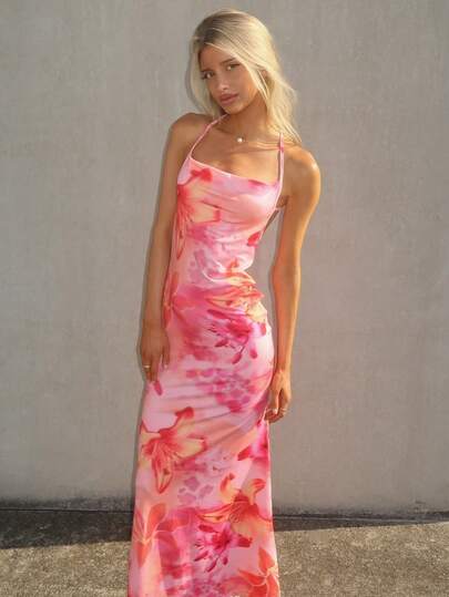 Sydney Algeri Vestido largo de punto con cuello drapeado profundo, espalda descubierta, estampado floral para vacaciones, vestido ajustado, vestido elegante para mujer, para fiesta de otoño e invierno, blanco