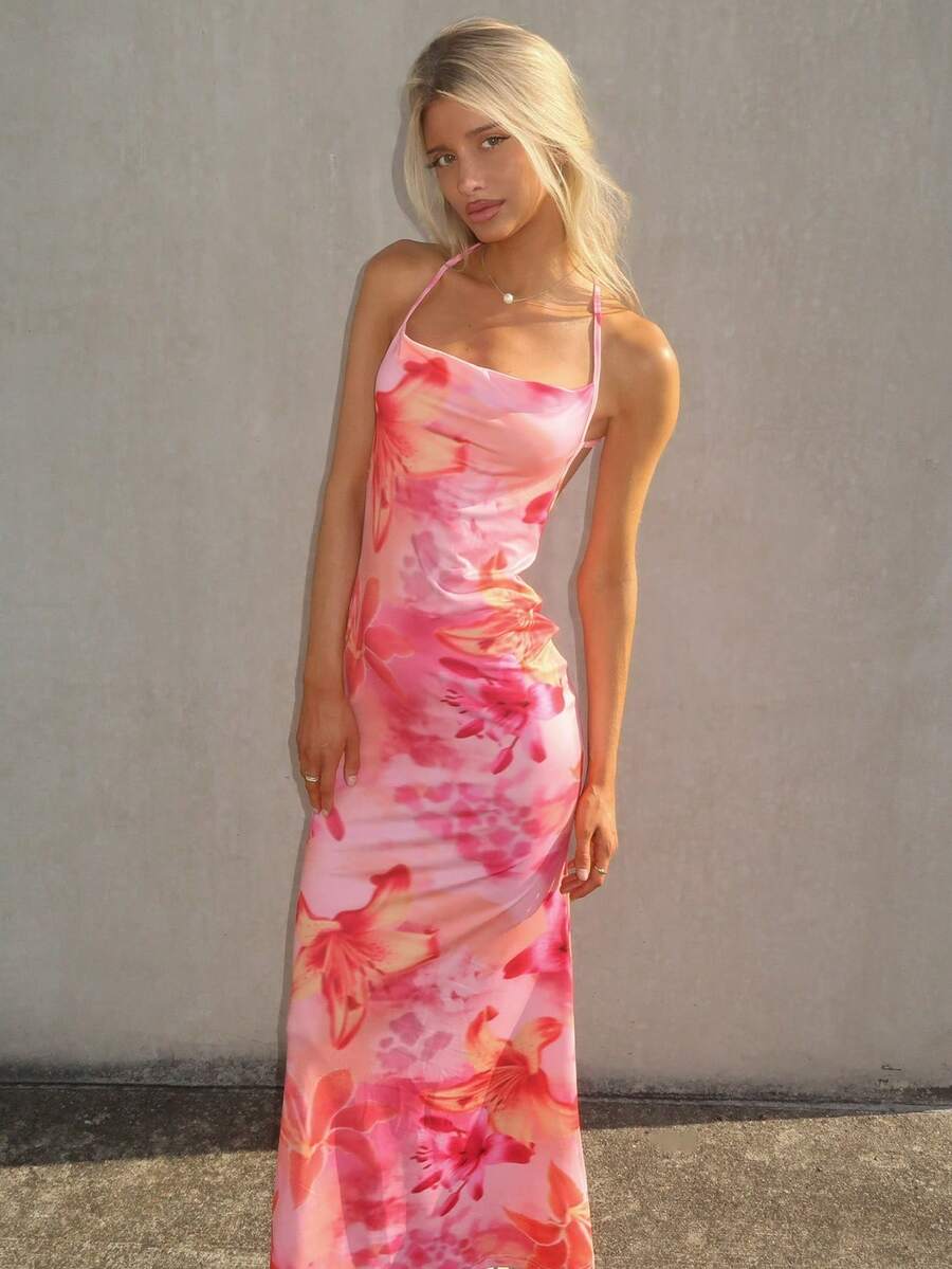 Sydney Algeri Women's Deep Draped Neck Backless Vacation Floral Print Maxi Knit Dress,Bodycon Dress,Elegant Dress For Women,For Autumn And Winter Party White - White - View 1