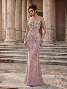 Glamrae Elegant Luxurious Sequin Embellished Strapless Mermaid Dress, Suitable For Weddings, Parties, Vacations, Galas, And Formal Events - Pink - View 6