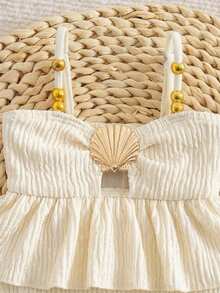 SHEIN Baby Girl One-Piece Swimsuit,White Ruffle Monokini With Seashell Frilled Trim,Cute Polyester Toddler Bathing Suit,Fashionable Beach Holiday Swimwear - Apricot - View 2