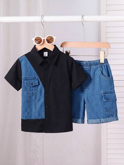 2pcs Kids Tween Boys Casual Comfortable Loose Fit Round Neck Short Sleeve Knit Shirt And Denim Shorts Set, Suitable For Daily Wear, Outings, Outdoor, Parties, Beach Vacation, Summer