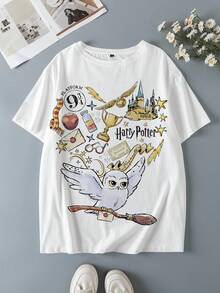 HARRY POTTER X SHEIN Plus Size Summer Casual Cartoon Letter Print T-Shirt - White - View 2