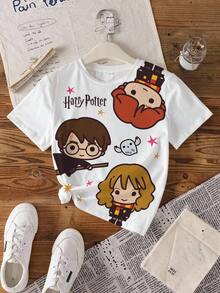 HARRY POTTER X SHEIN Tween Girl Cartoon Portrait Print Round Neck Short Sleeve T-Shirt - White - View 7