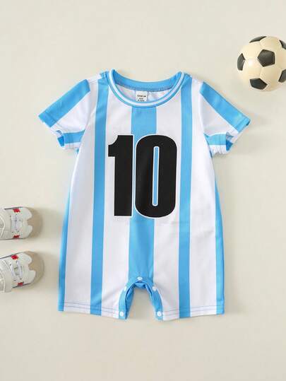 SHEIN Unisex Newborn Baby Boys/Girls Blue & White Striped Short Sleeve Romper, Argentina Team Jersey, Spring/Summer