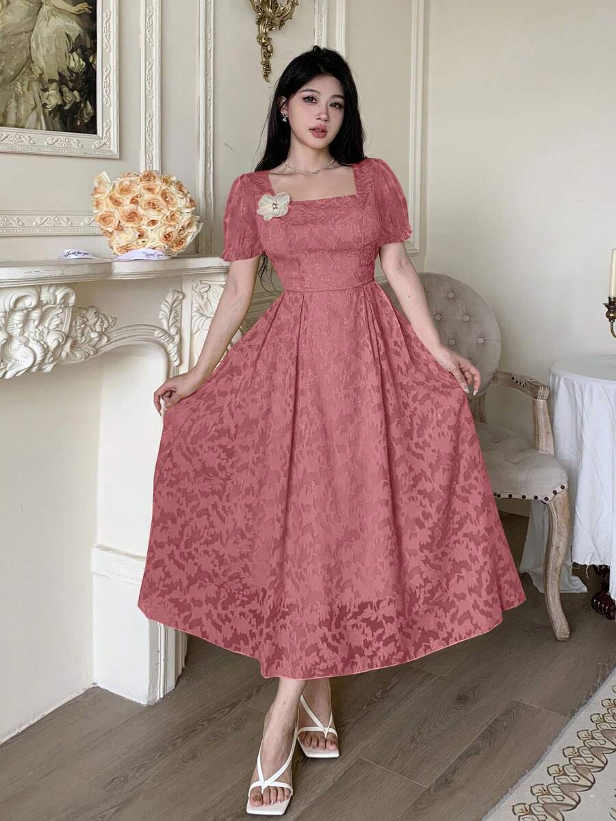 Modelyn 女士优雅提花花卉装饰方领收腰度假连衣裙 - 玫瑰紅 - 查看 1