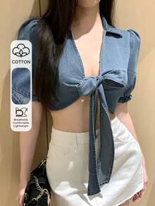 DAZY Áo croptop nữ màu xanh dương, kiểu dáng thời trang dự tiệc/lễ hội âm nhạc/kỳ nghỉ biển, thiết kế buộc dây phía trước, chất liệu denim. - Rửa nhẹ - Xem 1