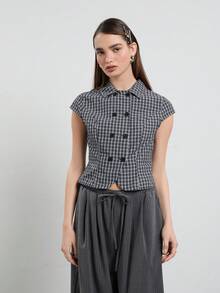 COUREZ 女款短袖雙排扣修身襯衫 格紋 Y2K 2000s 70s 90s 學院風復古復古夏季穿搭 黑色小方格畢業之夜 - 黑色 - 查看 2