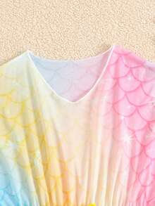 SHEIN Girls'Lightweight Chiffon Cover Up,Rainbow Ombre Mermaid Scale Print,Batwing Sleeve,Drawstring Waist,Ruffle Hem,Summer,Beach,Family Vacation,Holiday - Multicolor - View 3