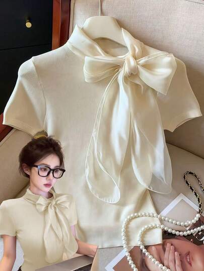 GlowEve Women's Elegant Bow Decor Short Sleeve Top, Summer