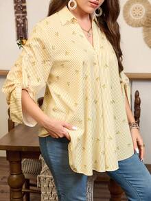 Lacomfia Plus Size Women Bow Tie Striped Print Casual Versatile Blouse - Yellow - View 4