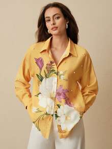 Anewsta Embroidered Bubble Bead Floral Print Design Fashionable Loose Casual Sexy Women Shirt Golf Pastal Autumn - Yellow - View 8