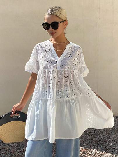 DAZY Women's Vacation Casual Solid Color Hollow Out Embroidery Patchwork Shirt