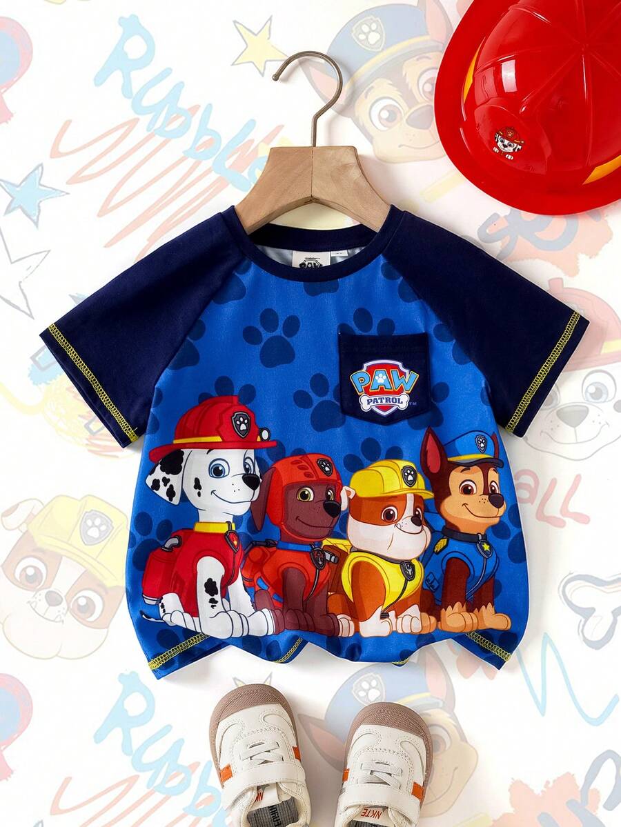 SHEIN | PAW Patrol 卡通印花休闲百搭日常短袖T恤,适合小男孩 - 藍色 - 查看 1