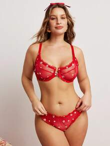 Elorette 2 件套加大码浪漫刺绣钢圈性感内衣套装，提拉 - 紅色 - 查看 4
