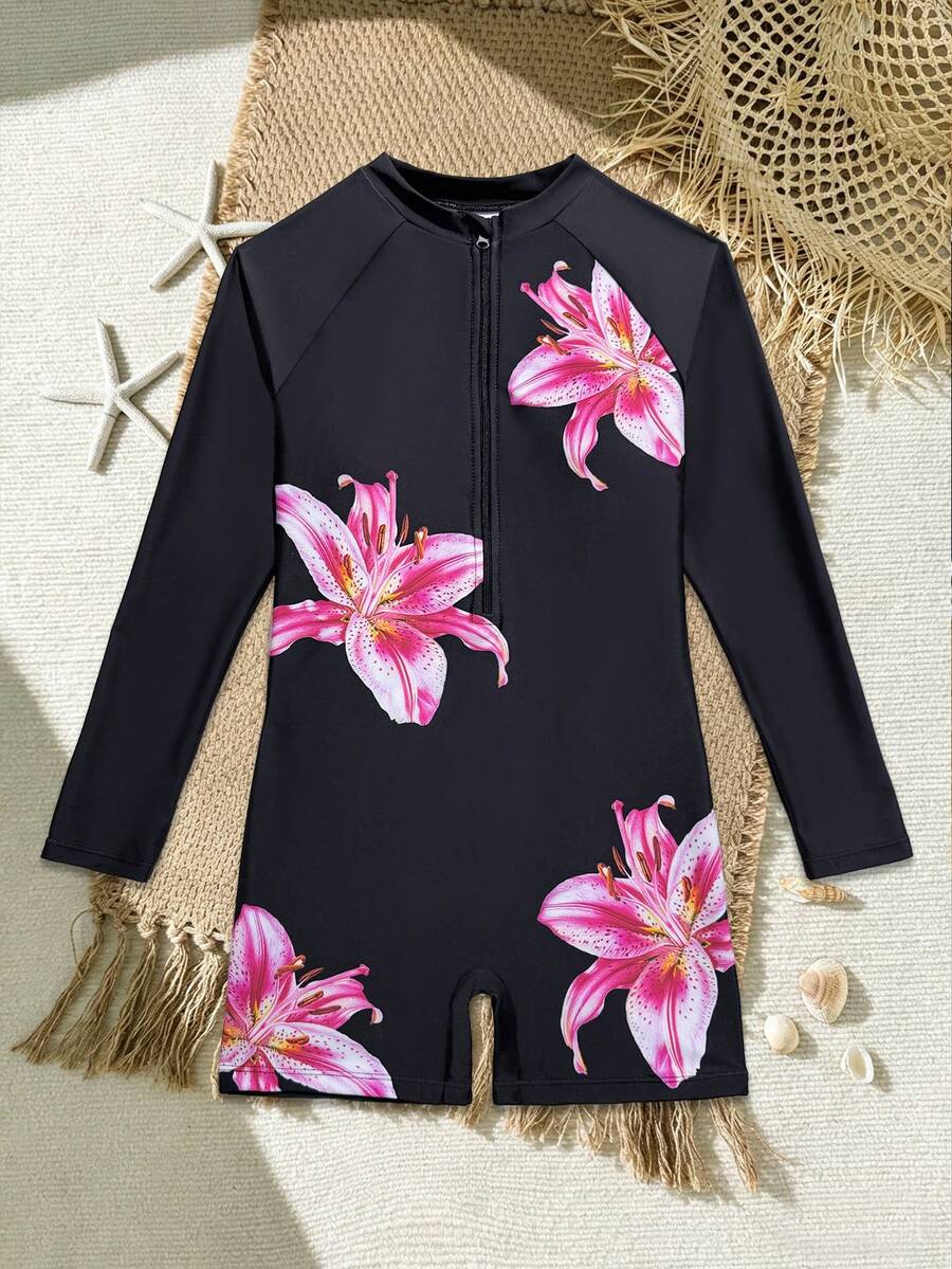 SHEIN Bộ đồ bơi liền thân dài tay, in họa tiết hoa, khóa kéo phía trước, dành cho bé gái tuổi teen, thích hợp cho kỳ nghỉ hè ở bãi biển. - màu đen - Xem 1