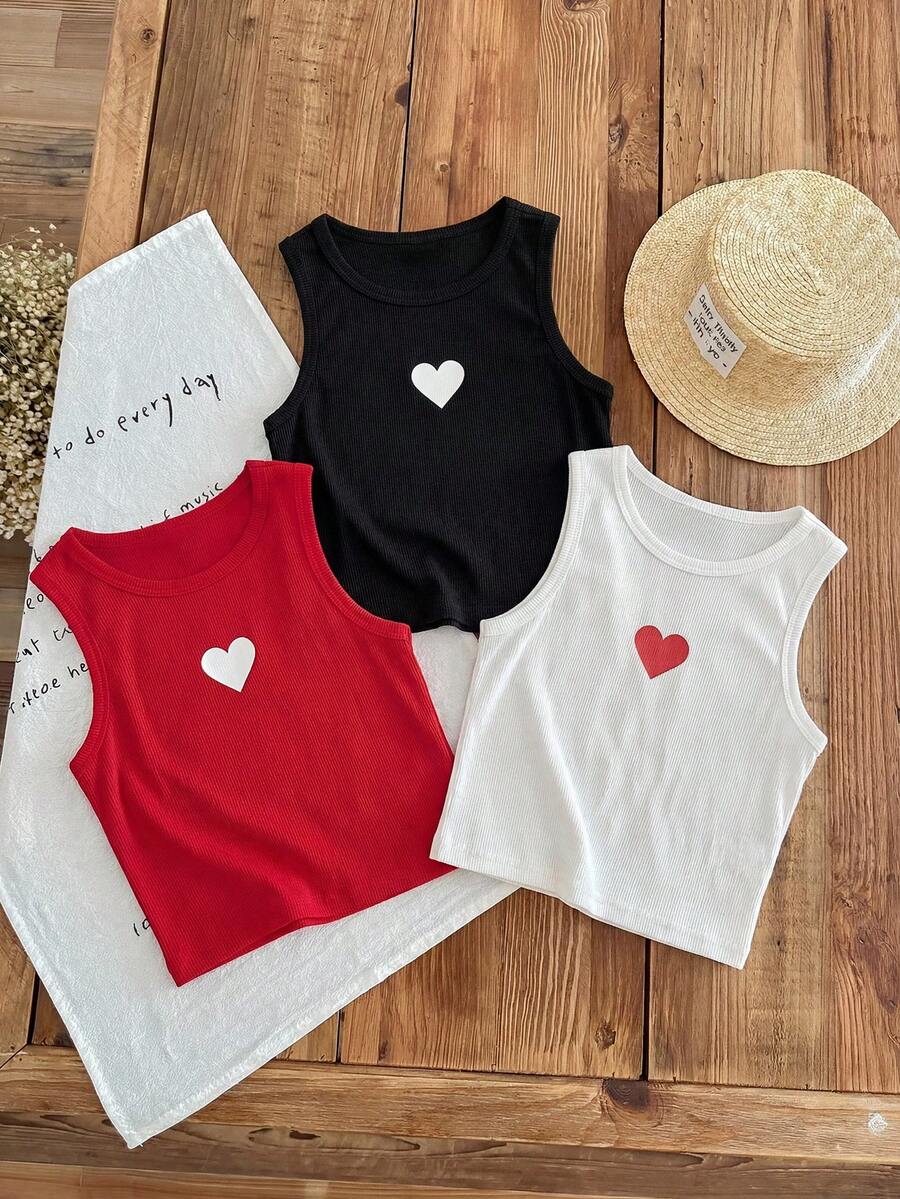 SHEIN 3件装/女童休闲可爱罗纹针织爱心图案休闲背心,非常适合春夏日常休闲穿着和上学穿着,情人节、母女装、姐妹装等场合皆宜。 - 彩色 - 查看 1
