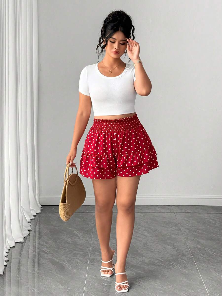 Elenzga Quần short cỡ lớn màu đỏ trắng tối giản dễ thương, phù hợp cho mùa xuân, hè và thu. - Đỏ và trắng - Xem 1