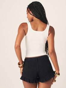 MISSGUIDED Quần short denim cạp thấp, viền bèo nhún, thích hợp cho lễ hội, mùa hè, đi biển, phong cách thường ngày, cổ điển. - màu đen - Xem 2