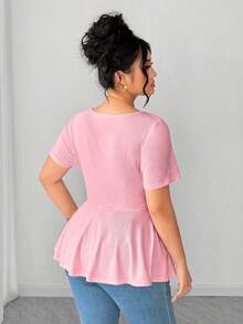 SHEIN Clasi 大码女式不对称领短袖T恤，休闲优雅户外服饰 - 粉色 - 查看 2